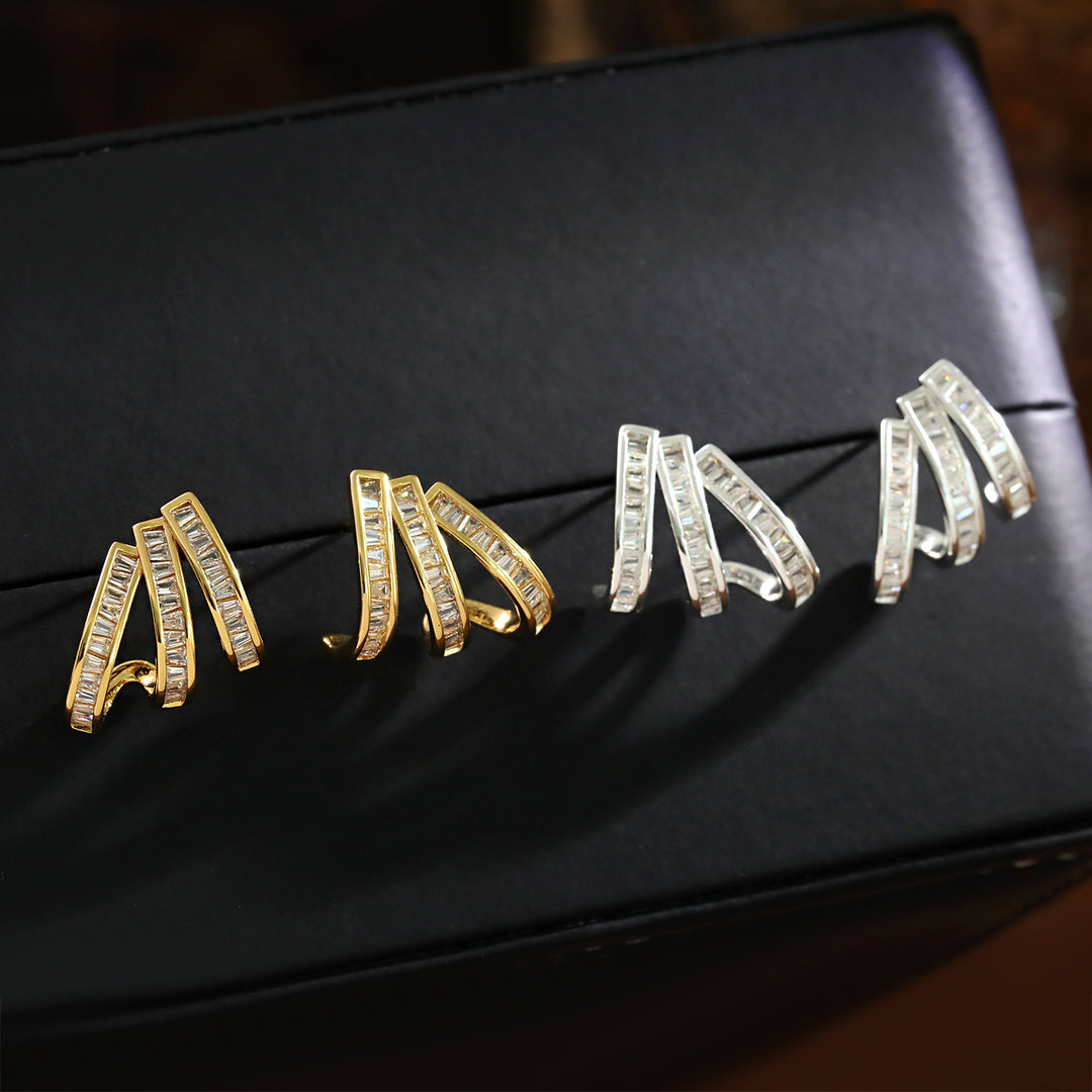 Multi-layer Curved Bar Diamond Ear Cuff Stud Earrings Luxury Statement Jewelry For Women