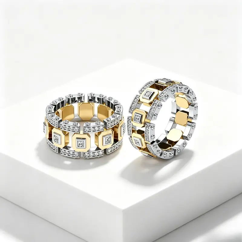 Two Tone Square Diamond Link Band Ring Iced Out Statement Stackable Ring Luxury Geometric Chain Design Fashion Jewelry For Men