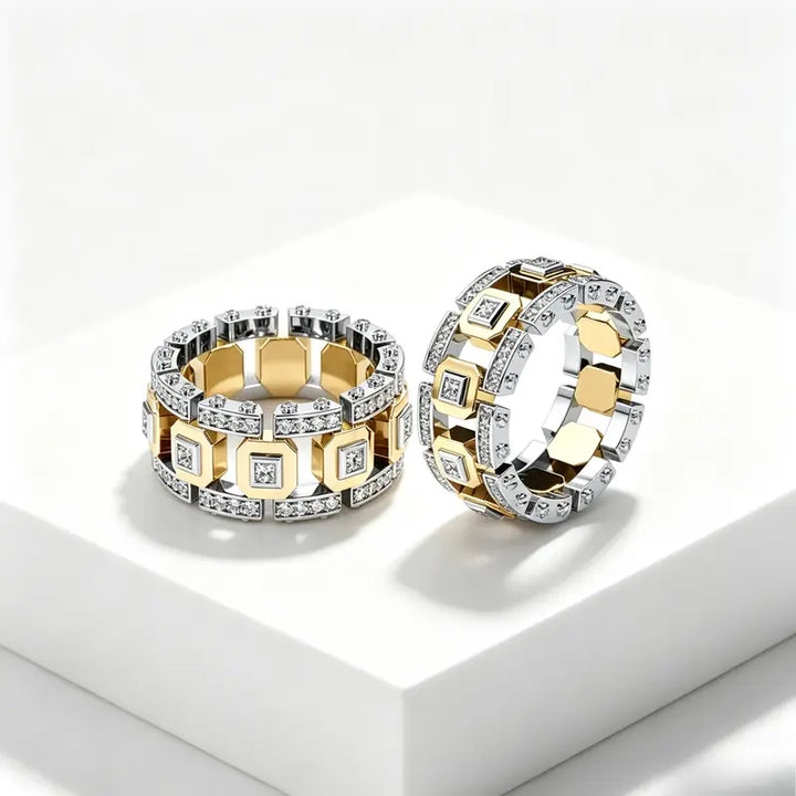 Two Tone Square Diamond Link Band Ring Iced Out Statement Stackable Ring Luxury Geometric Chain Design Fashion Jewelry For Men