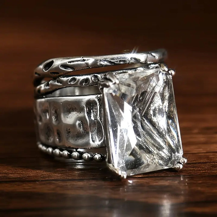 Vintage Hammered Multi Band Statement Ring Princess Cut Diamond Wide Band Retro Sterling Silver Ring Boho Punk Stackable Ring For Women Men Party Jewelry