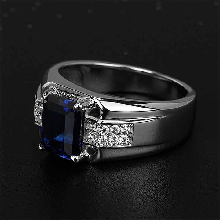 Rectangular Gemstone Men's Ring, Luxury Business Band in S925 Silver (Sapphire / Emerald Optional)