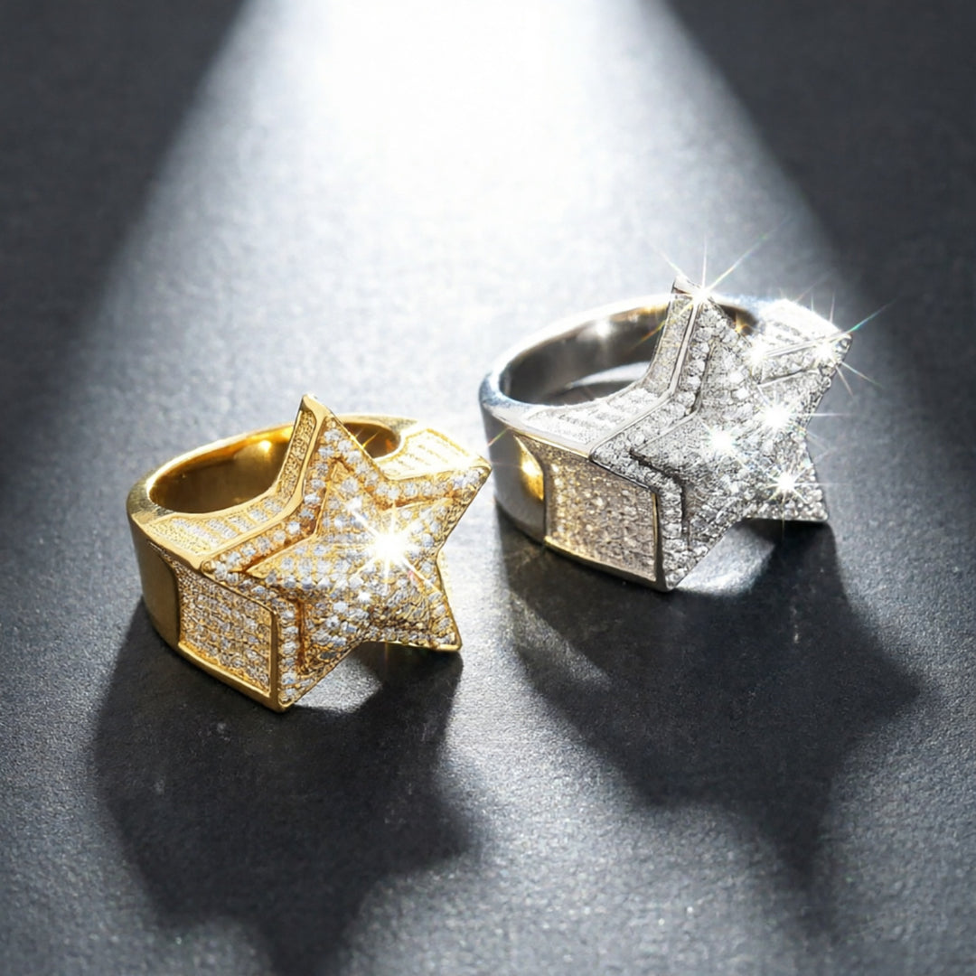 Paved Diamond 3D Star Ring For Men Hip Hop Personalized Fashion Finger Ring Luxury Premium Feel