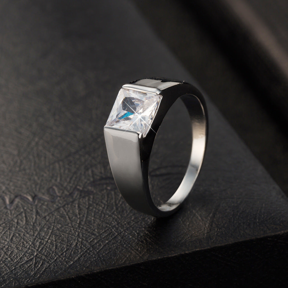 Minimal Square Center Stone Mens Smooth Wide Ring Business Diamond Band