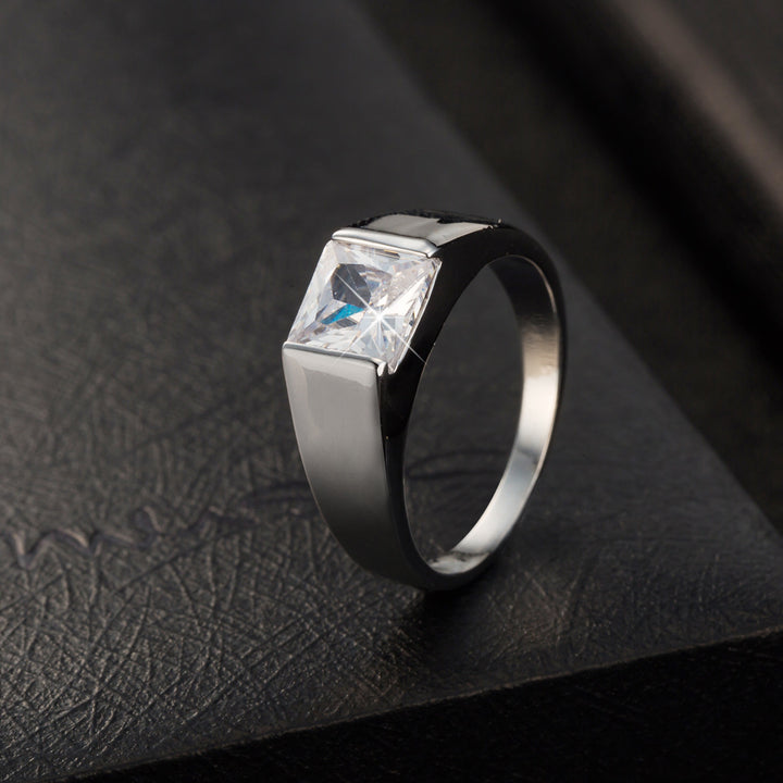 Minimal Square Center Stone Mens Smooth Wide Ring Business Diamond Band