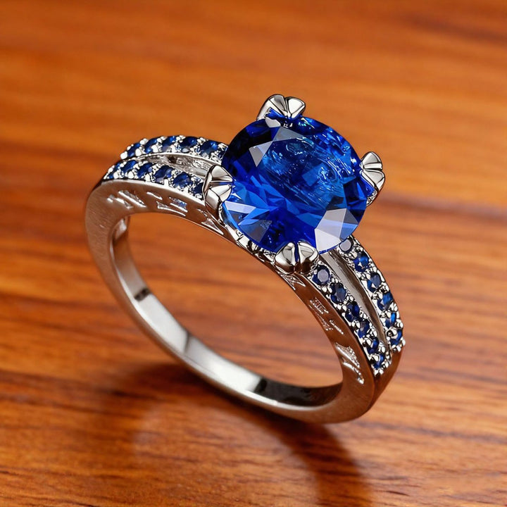 Round‑Cut Sapphire Double‑Shank Sterling Silver Ring Luxurious Elegant Women’s Band