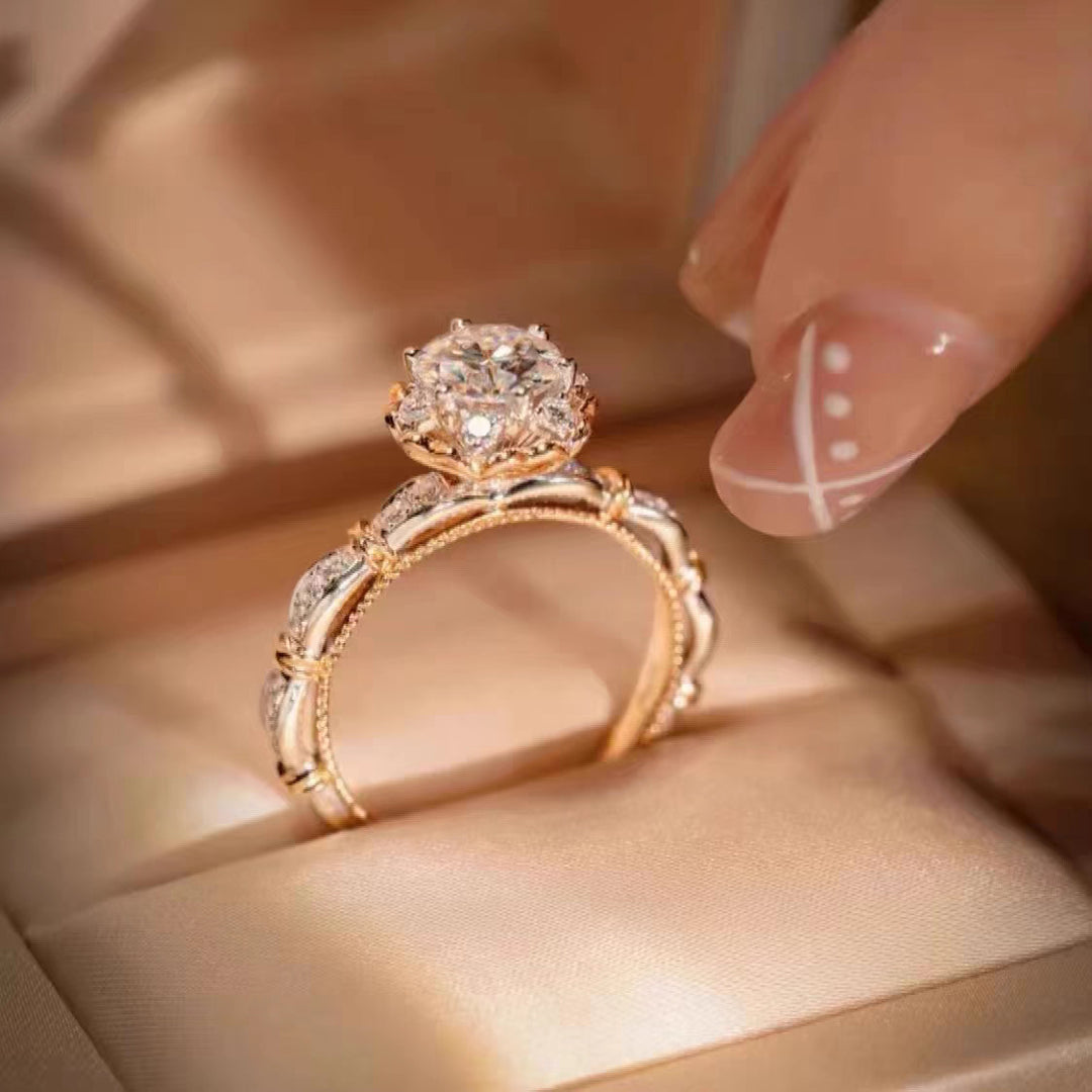 Round Diamond Floral Halo Engagement Ring Two Tone Vintage Lace Statement Bridal Promise Ring