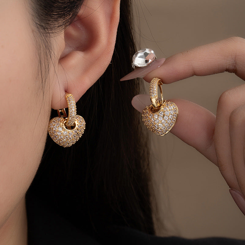 Pave Diamond Heart Charm Huggie Hoop Earrings Women Removable Pendant Drop Earrings