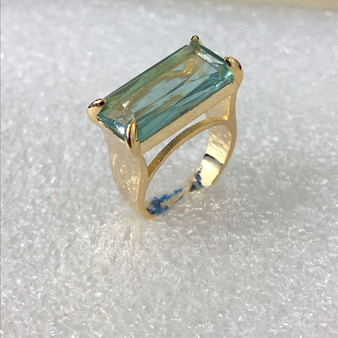 Rectangular Aquamarine Tone Gemstone Ring Four Prong Setting Solid Silver 18K Gold Finish Statement Ring For Women