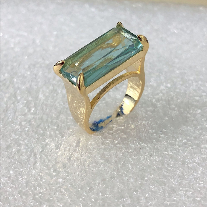 Rectangular Aquamarine Tone Gemstone Ring Four Prong Setting Solid Silver 18K Gold Finish Statement Ring For Women