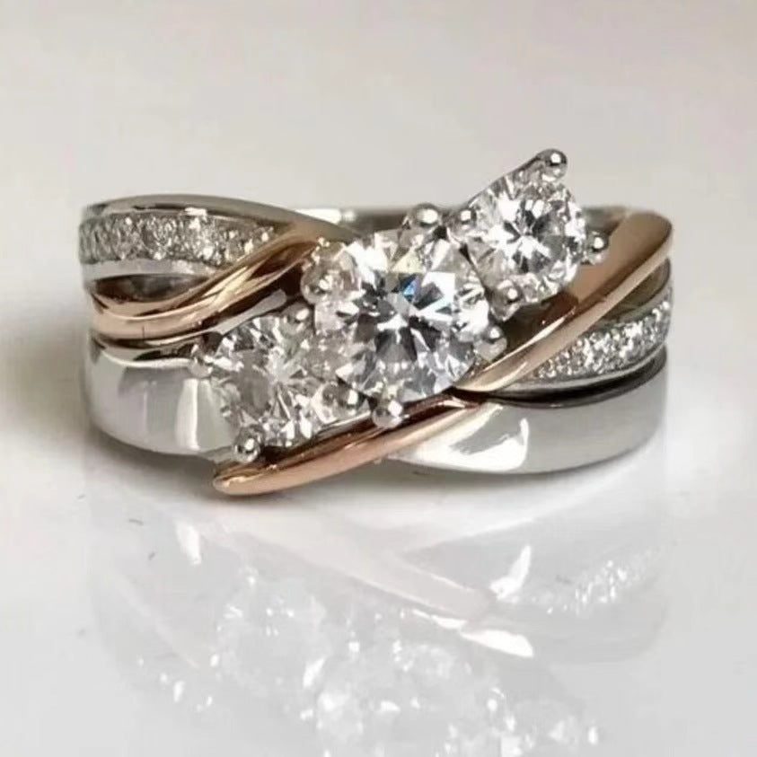 Twisted Three Stone Diamond Ring Two Tone Interwoven Band Bridal Engagement Statement Ring Wedding Jewelry