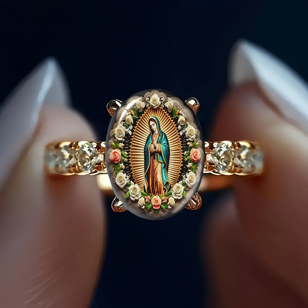 Our Lady of Guadalupe Floral Portrait Diamond Ring Vintage Religious Women Ring