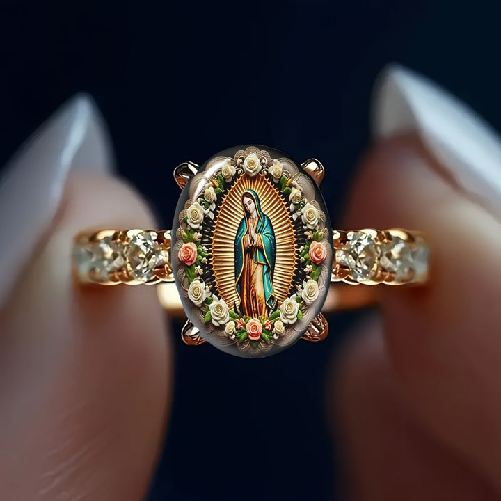 Our Lady of Guadalupe Floral Portrait Diamond Ring Vintage Religious Women Ring