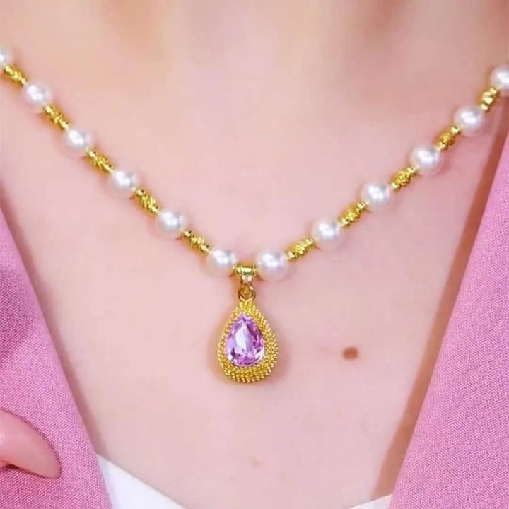 Teardrop Purple Gem Pearl Beaded Necklace Vintage‑Inspired Choker