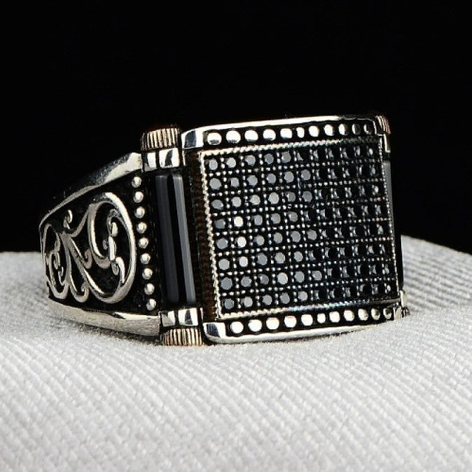 Vintage Square Signet Ring Engraved Scroll Pattern Statement Ring Paved Black Diamond Inlaid Black Stone Two Tone Retro Handmade Men Cocktail Ring Fashion Mens Jewelry