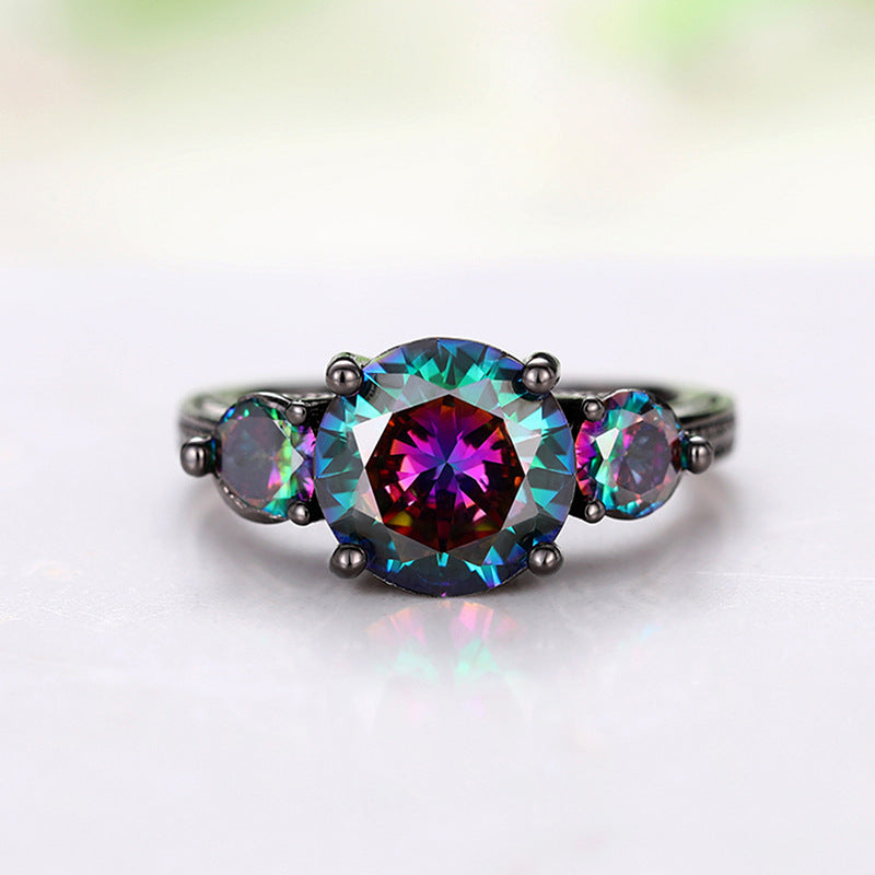 Mystic Rainbow Three Stone Ring Women Black Gold Gothic Vintage Cocktail Ring