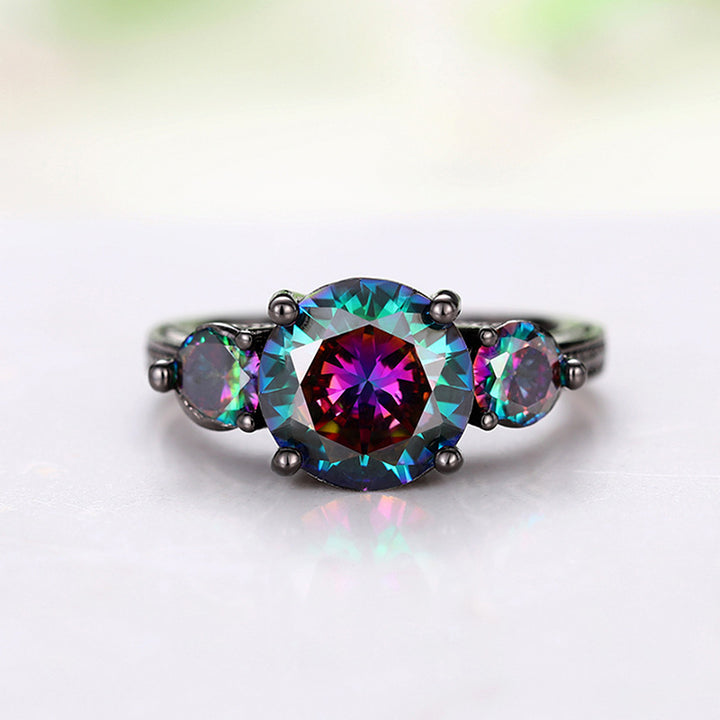 Mystic Rainbow Three Stone Ring Women Black Gold Gothic Vintage Cocktail Ring