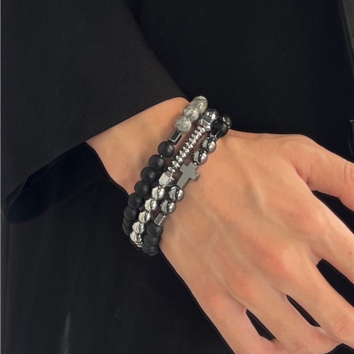 Cross Charm Beaded Stack Bracelet Set Gothic Layered Wristband Trendy Streetwear Statement Hand Jewelry For Men
