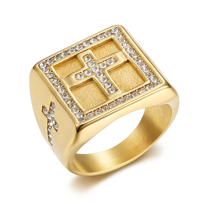 Square Cross Jewelry Signet Ring For Men Inlaid Diamond Two Tone Statement Ring