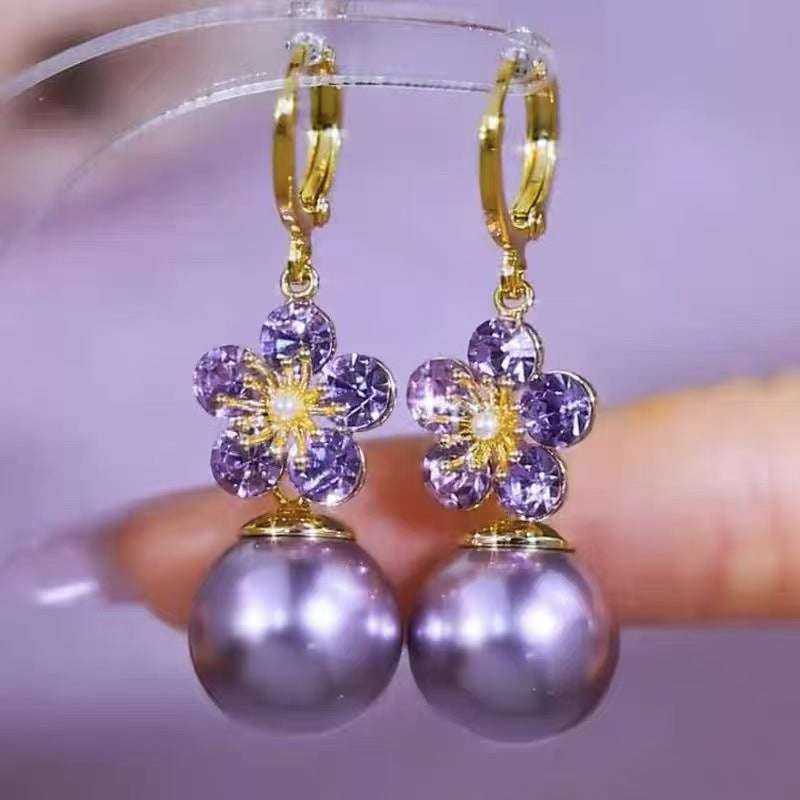 Flower Diamond Pearl Drop Hoop Earrings Elegant Dangle Earrings For Women Wedding Party Jewelry