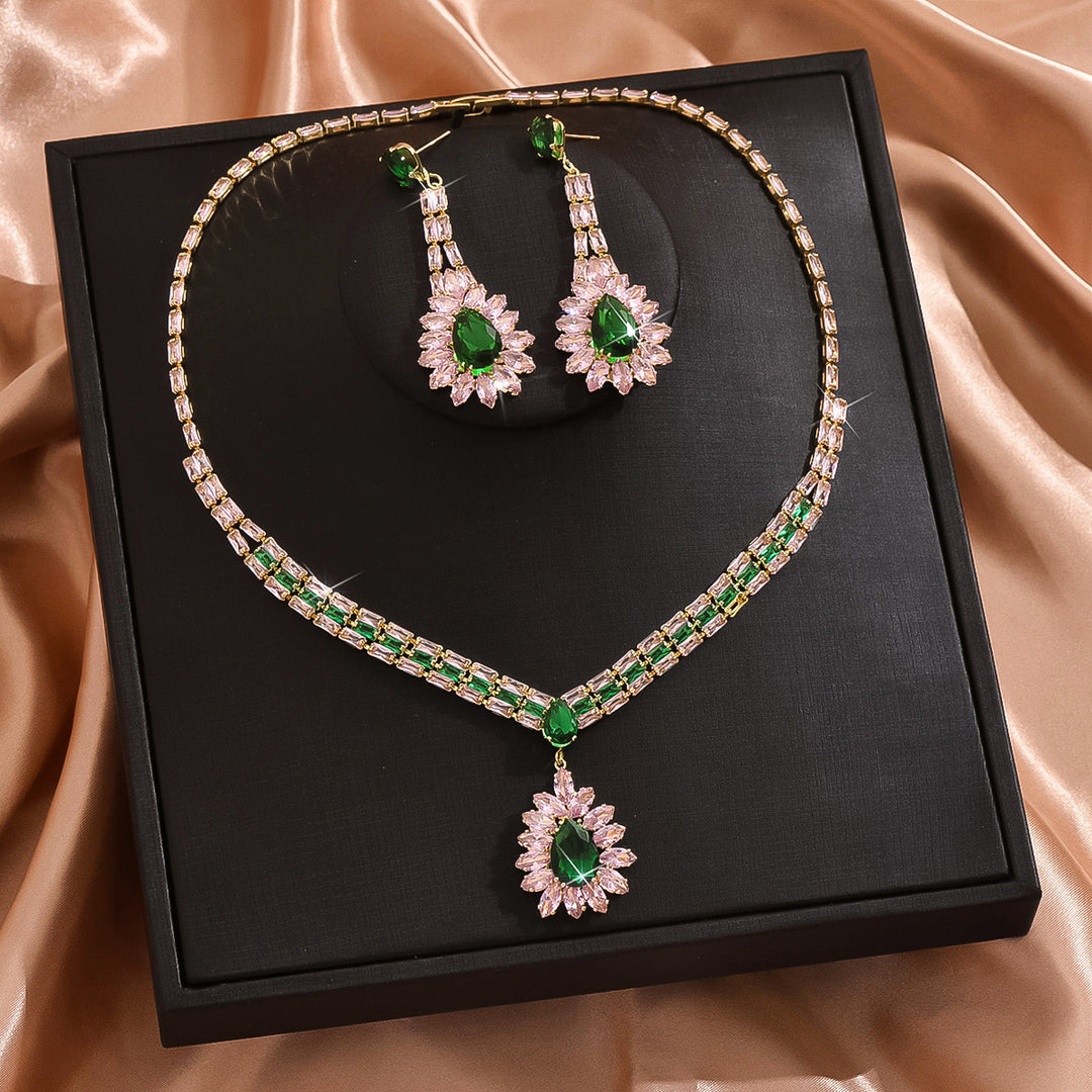 Luxury Water Drop Gem Jewelry Set Pink Green Diamond Statement Necklace And Drop Earring Set For Women Formal Party Wedding