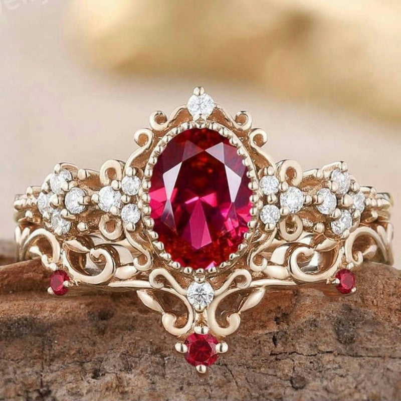 Oval Ruby Red Diamond Vintage Court Lace Ring Women Rhombus Filigree Cocktail Ring