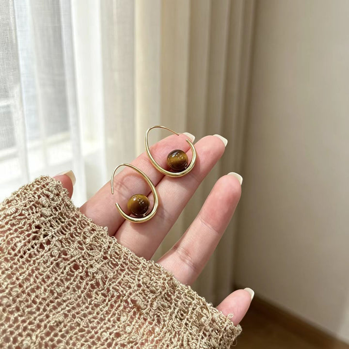 Tiger Eye Bead Drop Earrings Women Teardrop Wire Gold Minimalist Dangle Jewelry Gift