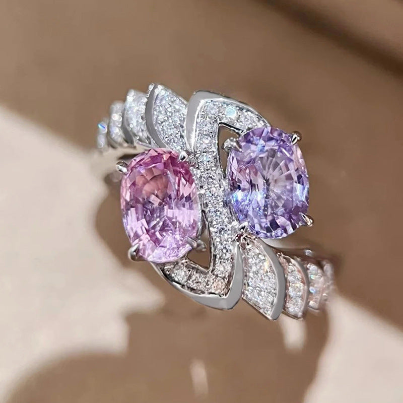 Pink Purple Two Stone Crossover Ring Women Oval Diamond Toi Et Moi Vintage Statement Ring