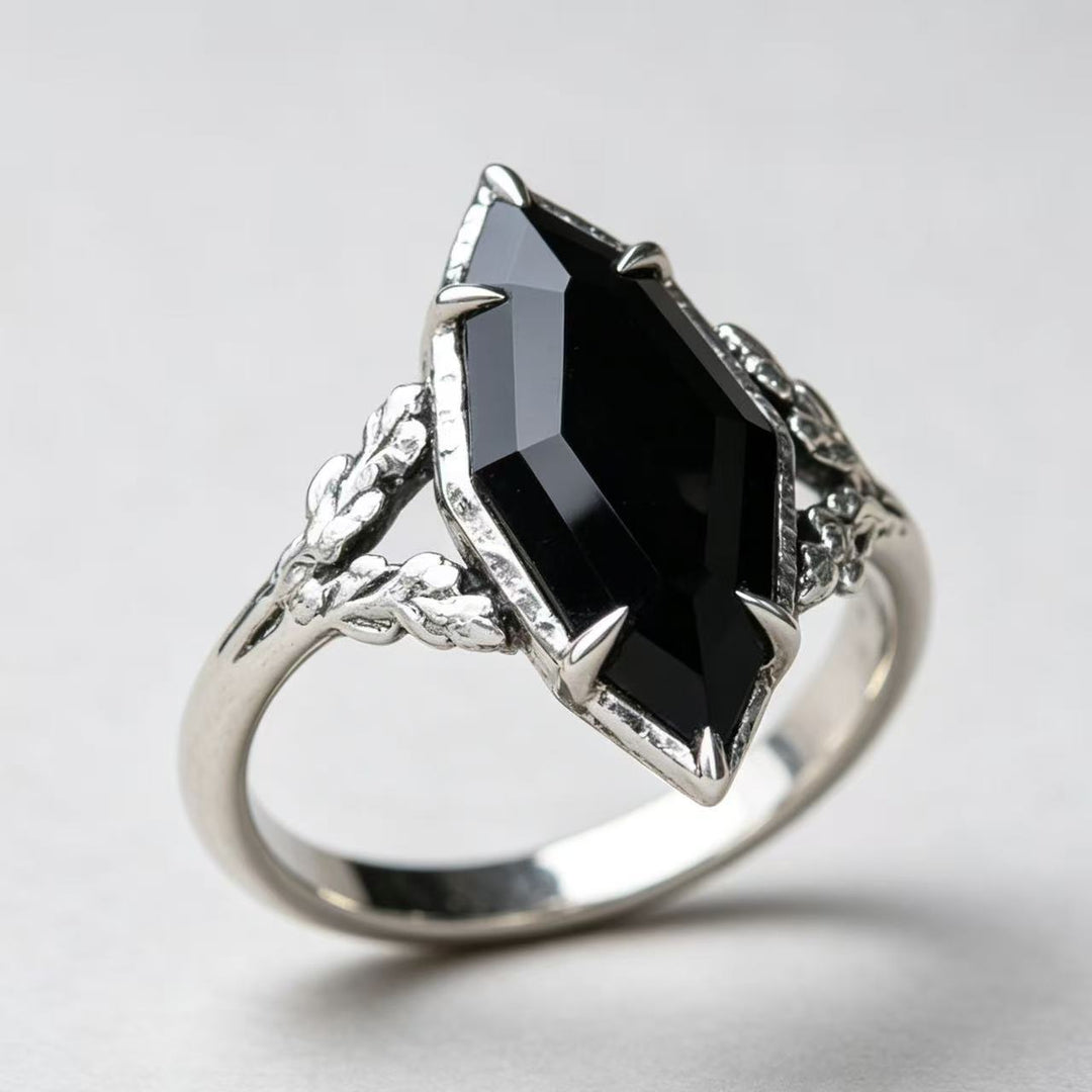 Black Onyx Marquise Vine Ring Women Gothic Vintage Silver Engagement Ring