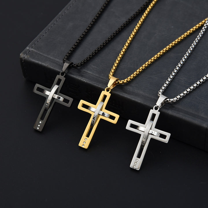 Cross Pendant Necklace Men Stainless Steel Black Silver Gold Box Chain Religious Jewelry Gift