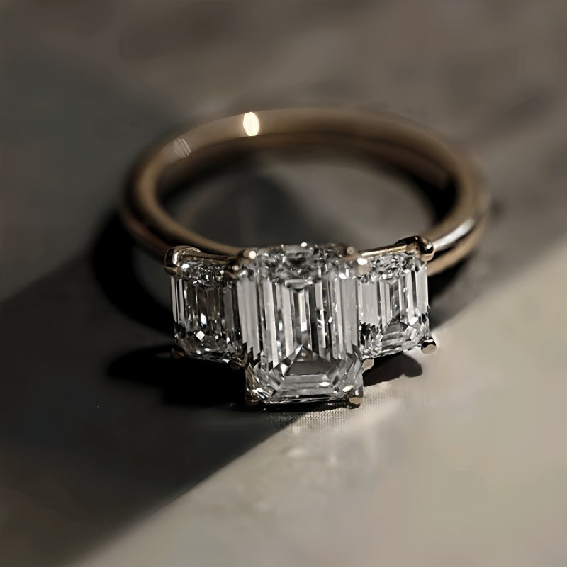 Emerald Cut Three Stone Diamond Ring Minimalist Engagement Ring