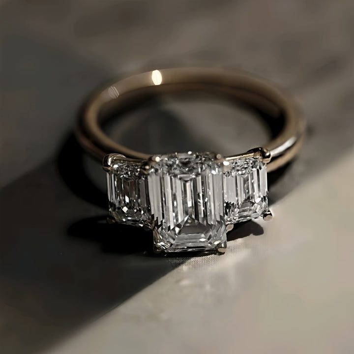 Emerald Cut Three Stone Diamond Ring Minimalist Engagement Ring