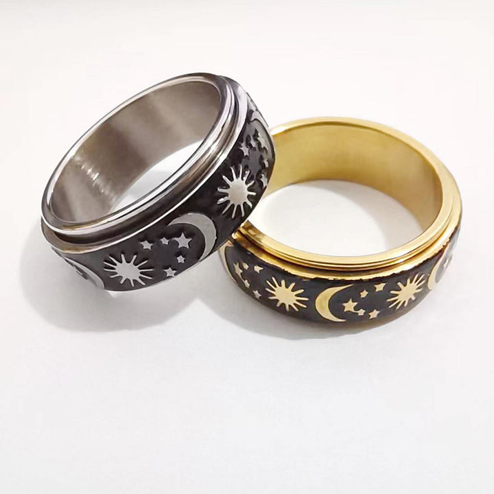 Sun Moon Star Rotatable Fidget Spinner Ring Titanium Steel Anxiety Band Ring With Ring Box