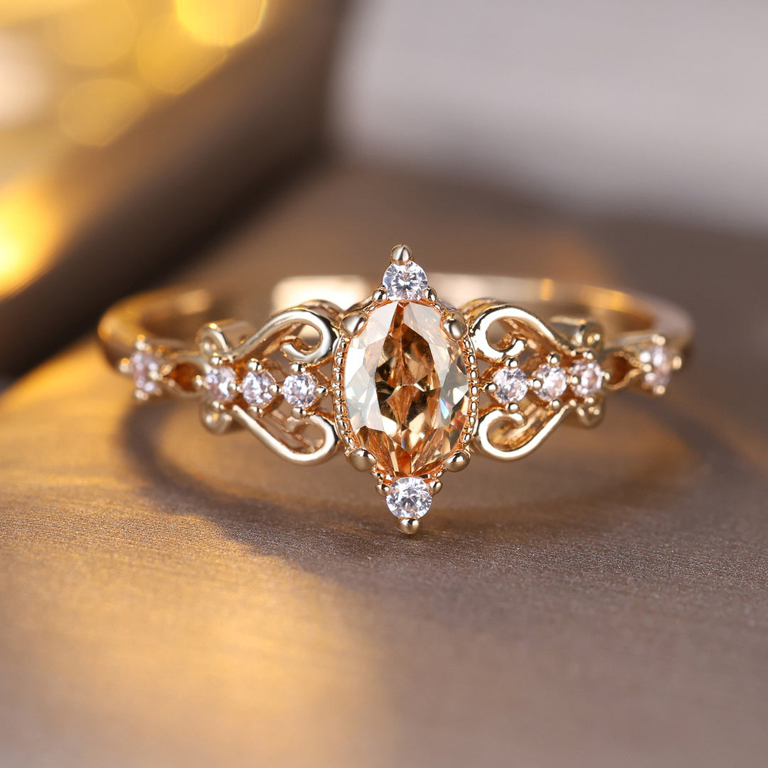 Champagne Diamond Vintage Filigree Ring Women Oval Art Nouveau Gold Engagement Ring