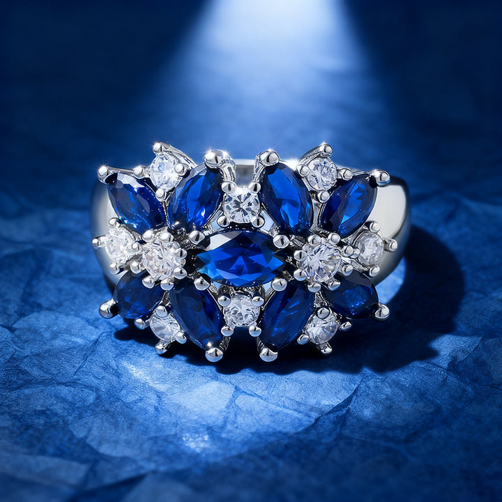 Marquise‑Cut Sapphire Cluster S925 Sterling Silver Ring, Diamond Accent Cocktail Ring
