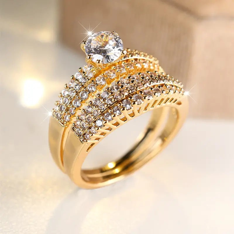 Two Piece Bridal Ring Set Women Solitaire Engagement Band Gold Diamond Wedding Set