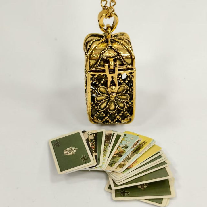 Vintage Floral Hollow Locket Openable Pendant Necklace, Storage Locket with Mini Tarot Cards