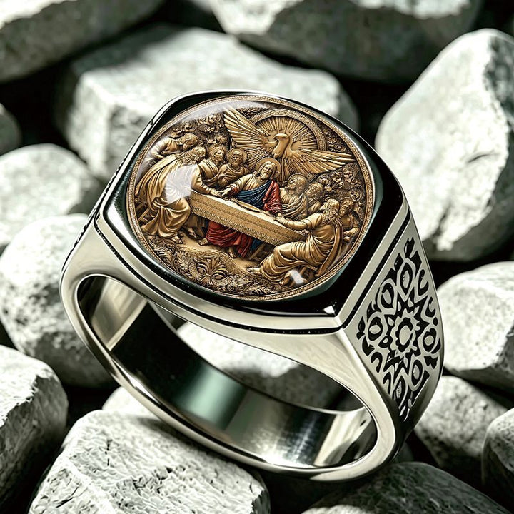 Religious Faith Signet Ring Hollow Pattern Band Vintage Spiritual Statement Ring For Men