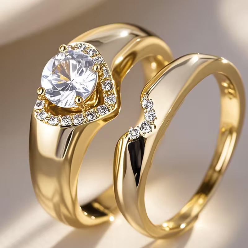 Round Diamond Heart Halo Couple Ring Set Engagement Wedding Promise Bridal Statement Jewelry