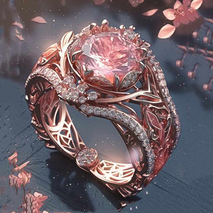 Pink Diamond Vine Flower Engagement Ring Women Rose Gold Floral Leaf Crown Openwork Promise Ring
