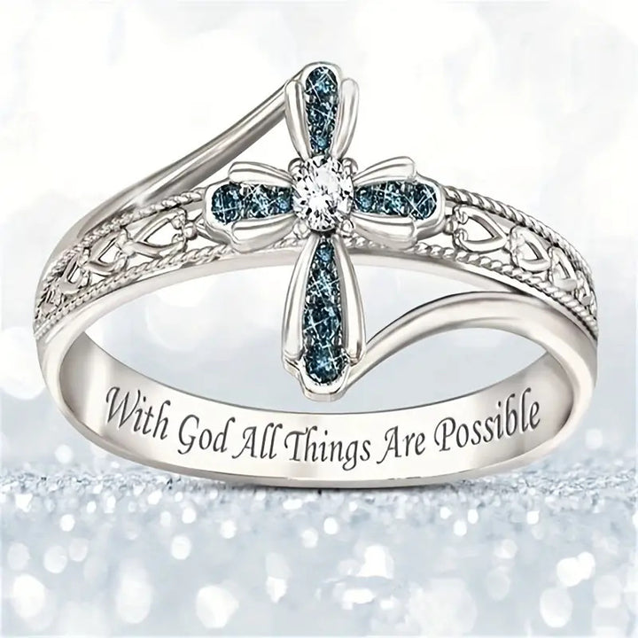 Cross Statement Ring For Women Engraved Inspirational Scripture Ring Blue Stone Diamond Religious Jewelry