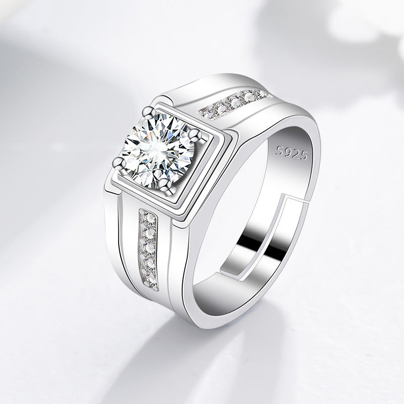 Square Center Stone Adjustable Men's Ring, Business Wide Band Diamond Ring