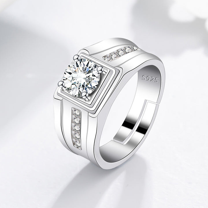 Square Center Stone Adjustable Men's Ring, Business Wide Band Diamond Ring