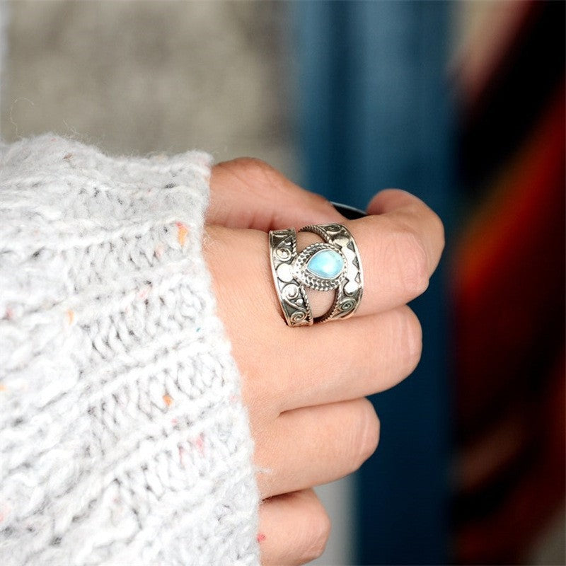 Vintage Ethnic Teardrop Turquoise Sterling Silver Ring Exotic Carved Ring