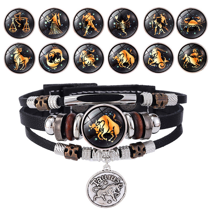 Zodiac Sign Leather Bracelet Men Women Glow in the Dark Multilayer Constellation Jewelry Gift