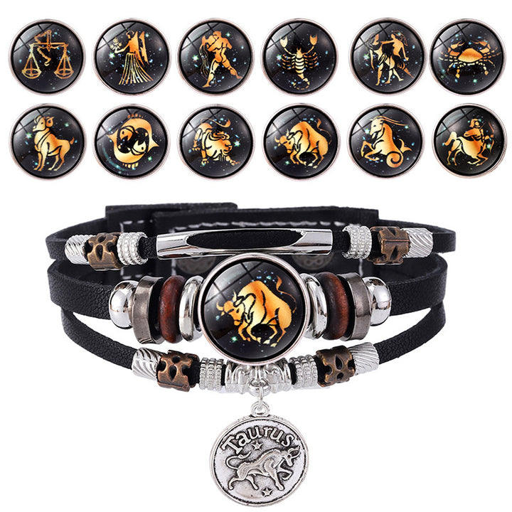 Zodiac Sign Leather Bracelet Men Women Glow in the Dark Multilayer Constellation Jewelry Gift