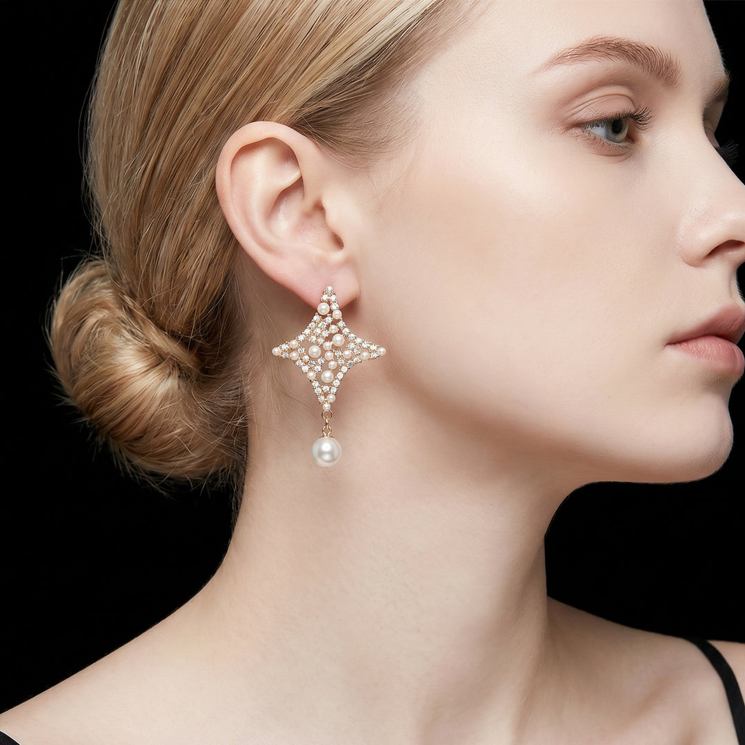 Star Pearl Drop Earrings Women Diamond Crystal Gold Silver Luxury Elegant Jewelry Gift