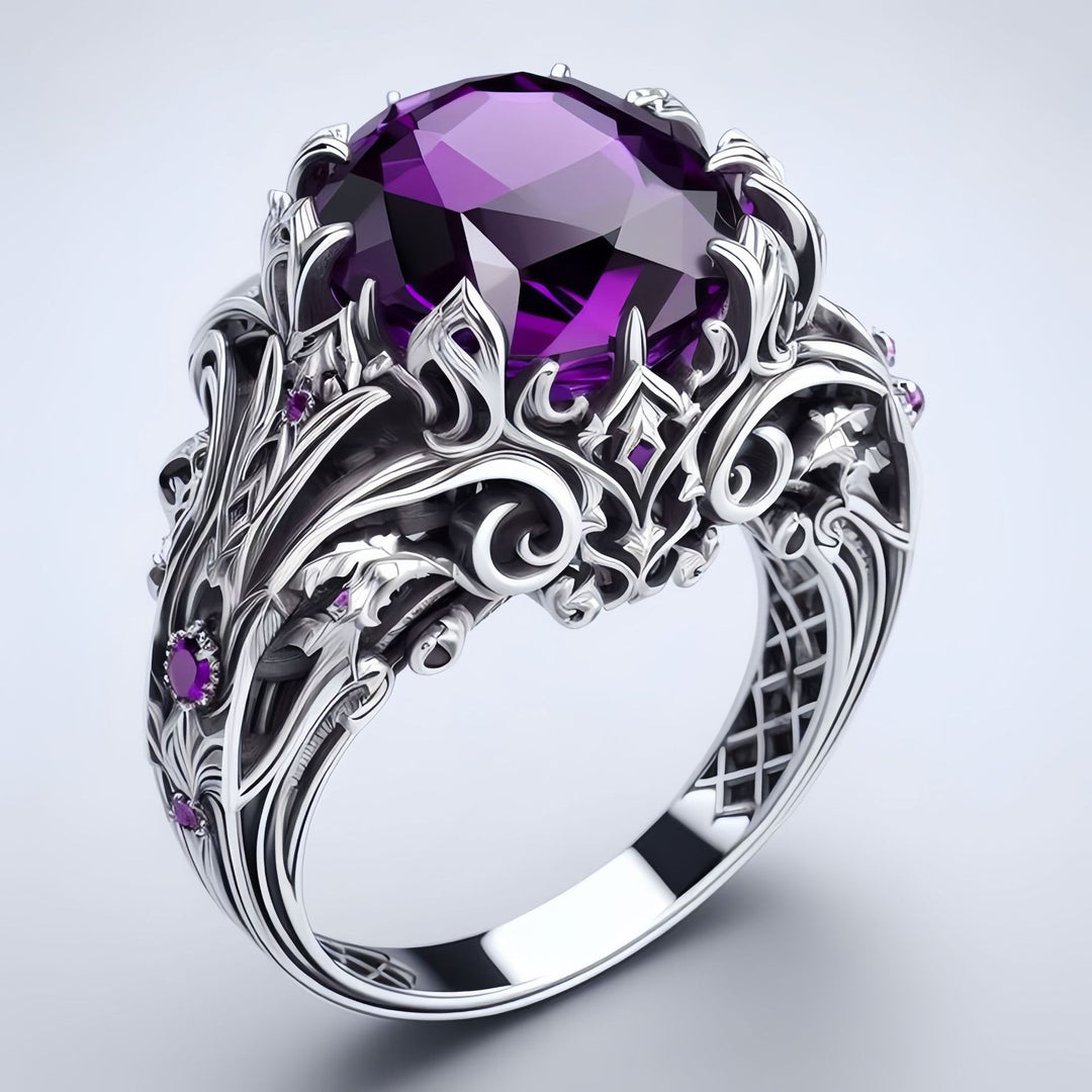 Vintage Gothic Oval Purple Gemstone Statement Ring Solid Sterling Silver Diamond Accent Ornate Filigree Cocktail Ring