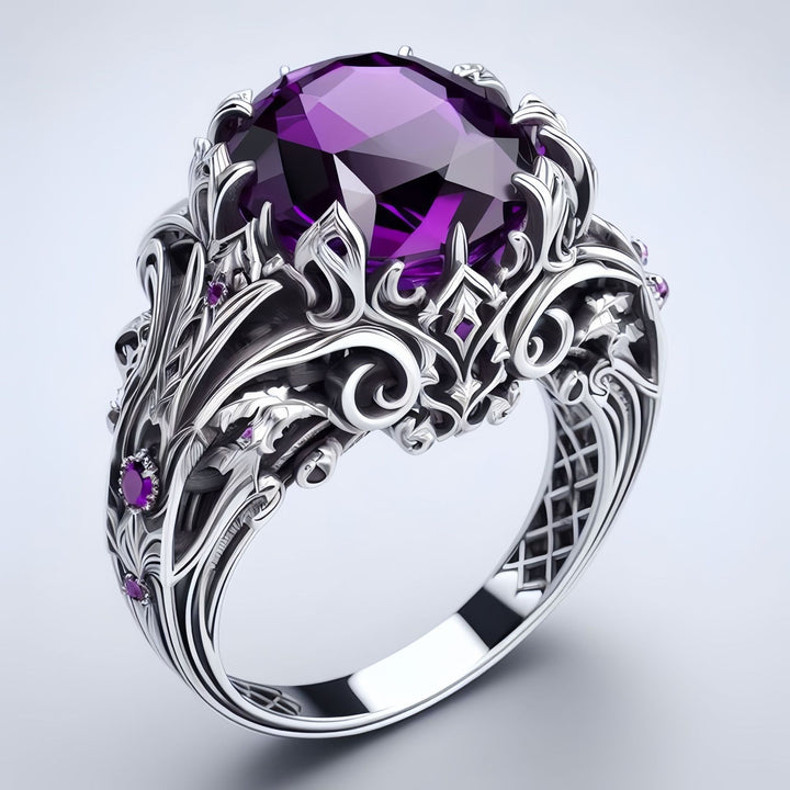 Vintage Gothic Oval Purple Gemstone Statement Ring Solid Sterling Silver Diamond Accent Ornate Filigree Cocktail Ring