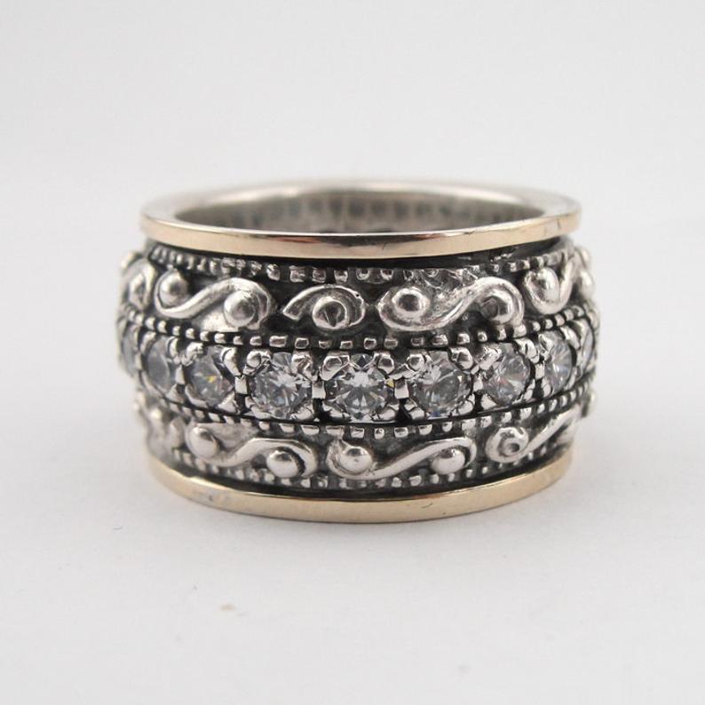 Vintage Engraved Wide Spinner Ring Two‑Tone Mixed‑Metal Unisex Ring