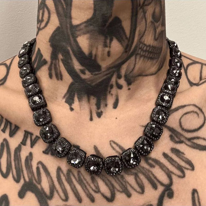 Black Cushion Cut Diamond Tennis Chain Hip Hop Statement Necklace Bracelet Set Iced Out Square Diamond Choker Trendy Streetwear Jewelry For Men